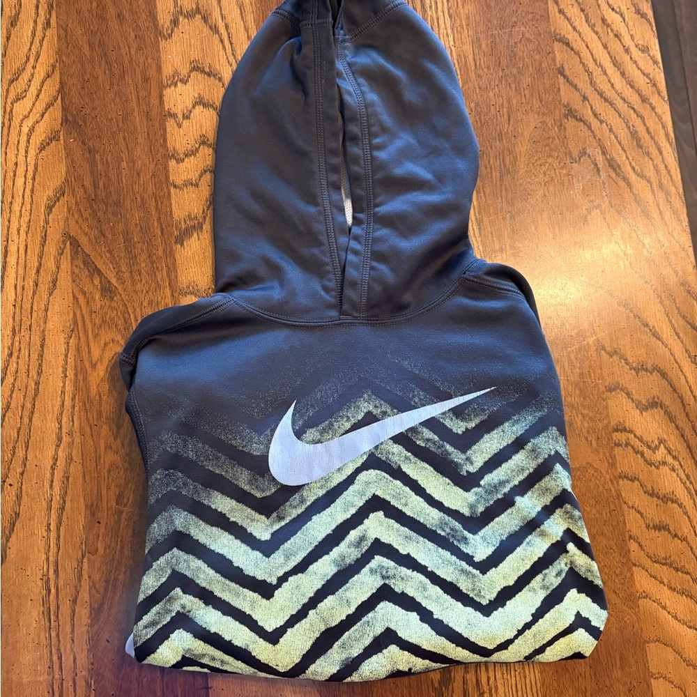 Nike Navy Blue Hoodie with White Swoosh and Light Green Chevron